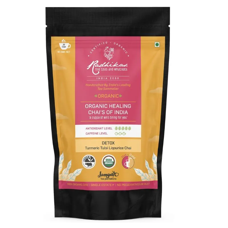 Radhikas Detox Turmeric Tulsi Liqourice Chai, Certified Organic, Assam CTC Chai, Cold & Hot Brew