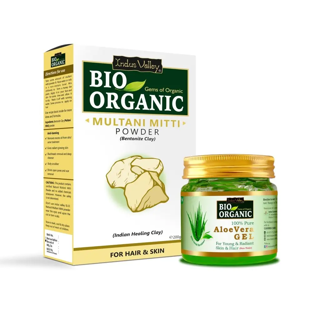 Indus Valley Bio Organic Aloe Vera Gel and Multani Mitti Powder combo pack for Acne, Scars, Glowing & Radiant Skin Treatment (175ml + 200g)