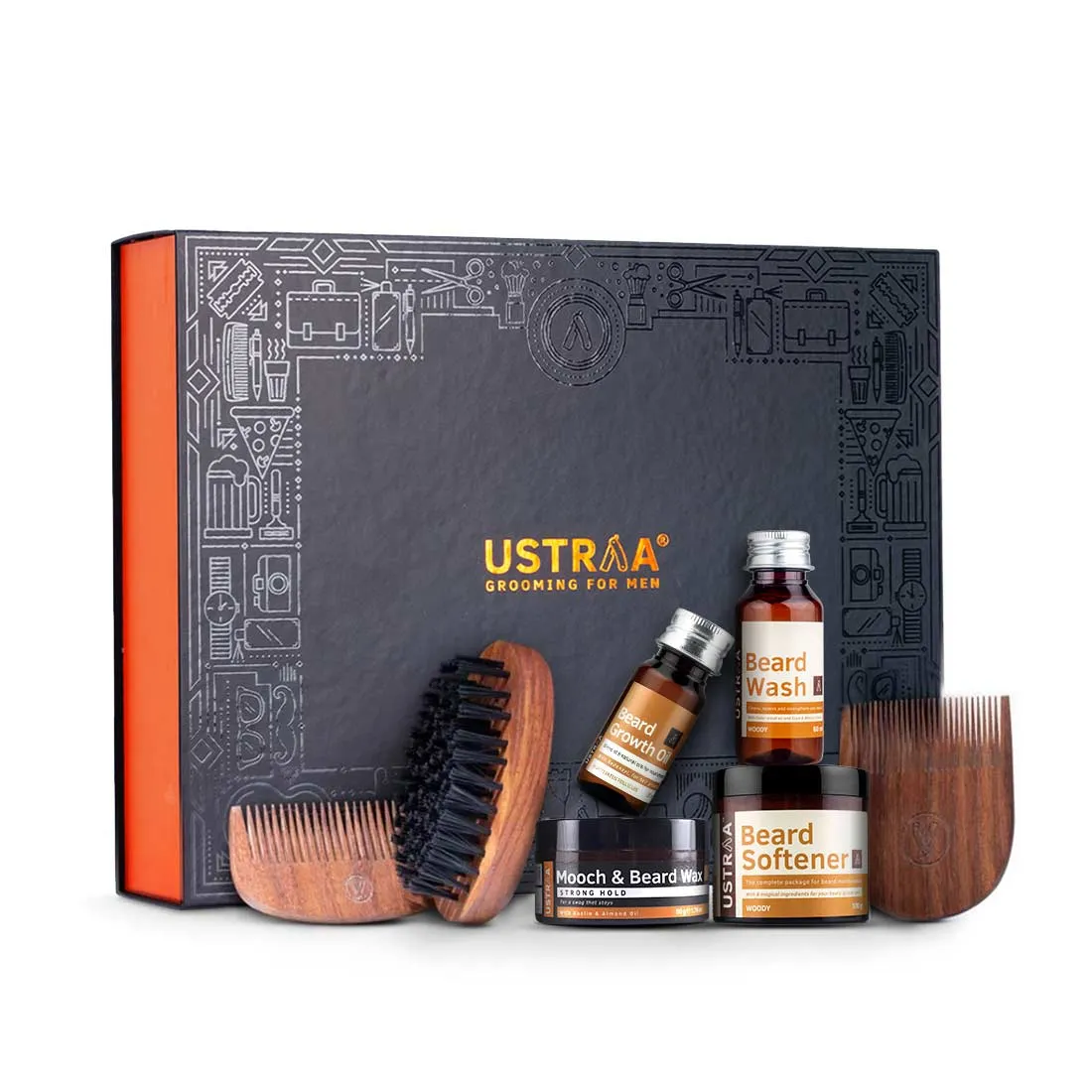 Ustraa Beard Growth Oil Advance 60ml, Beard Wash Woody 60ml & Beard Softener With Gift Box