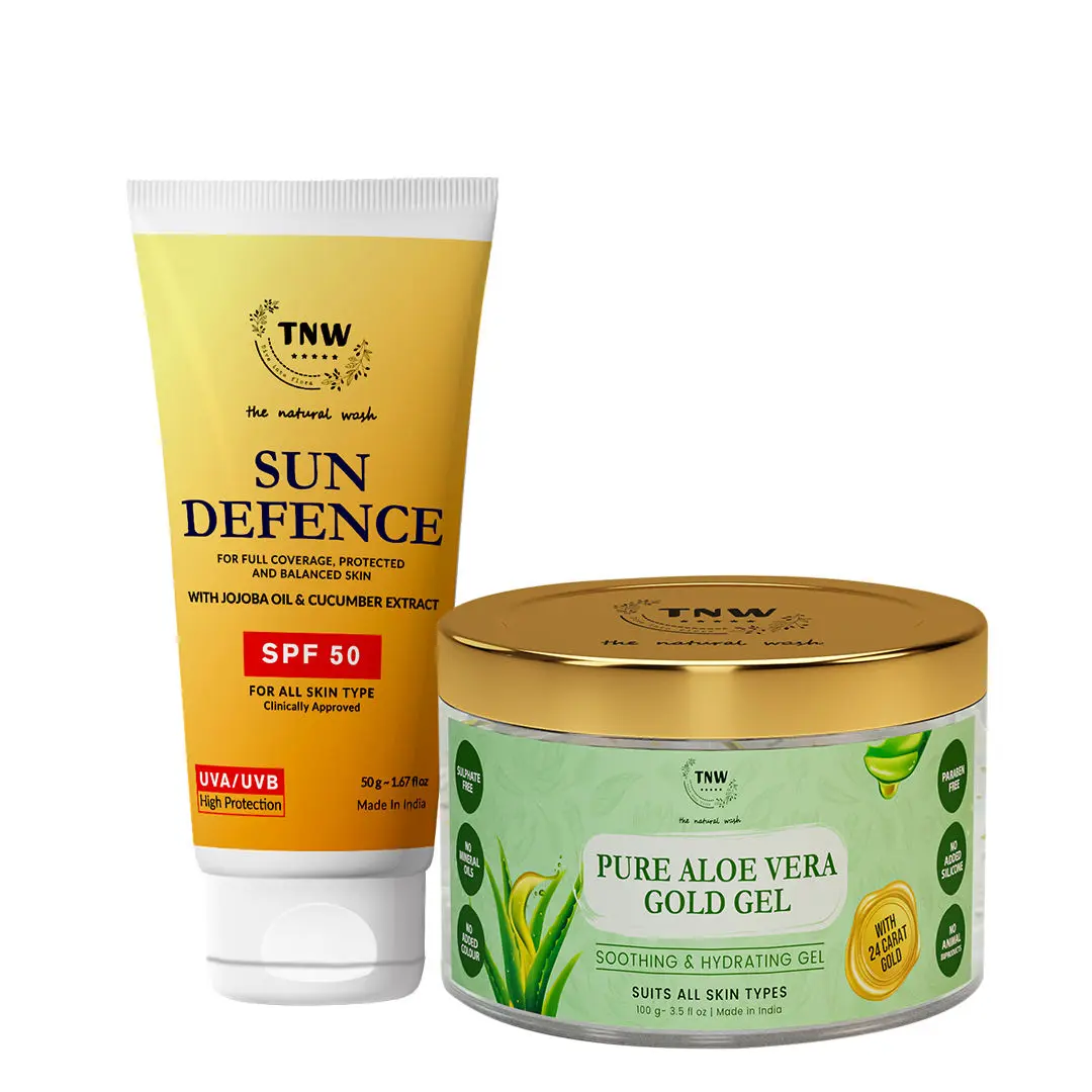 TNW-The Natural Wash Combo of Aloe Vera Gold Gel & Sun Defence Sunscreen Cream | Beauty Gel For Acne ,Scars,Sunburn Treatment Prvents Dark Spots, 100 ML | SPF50 Lotion , Sun Protection For Face 50G