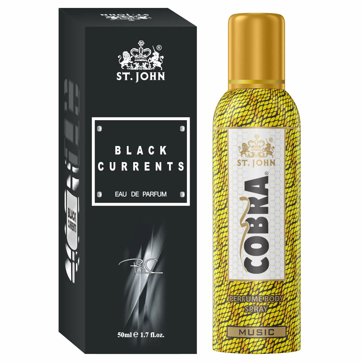 ST-JOHN Cobra Deodrant No Gas Music 100ml & Black Current 50ml Perfume Combo Pack Perfume Body Spray - For Men & Women (150 ml, Pack of 2)