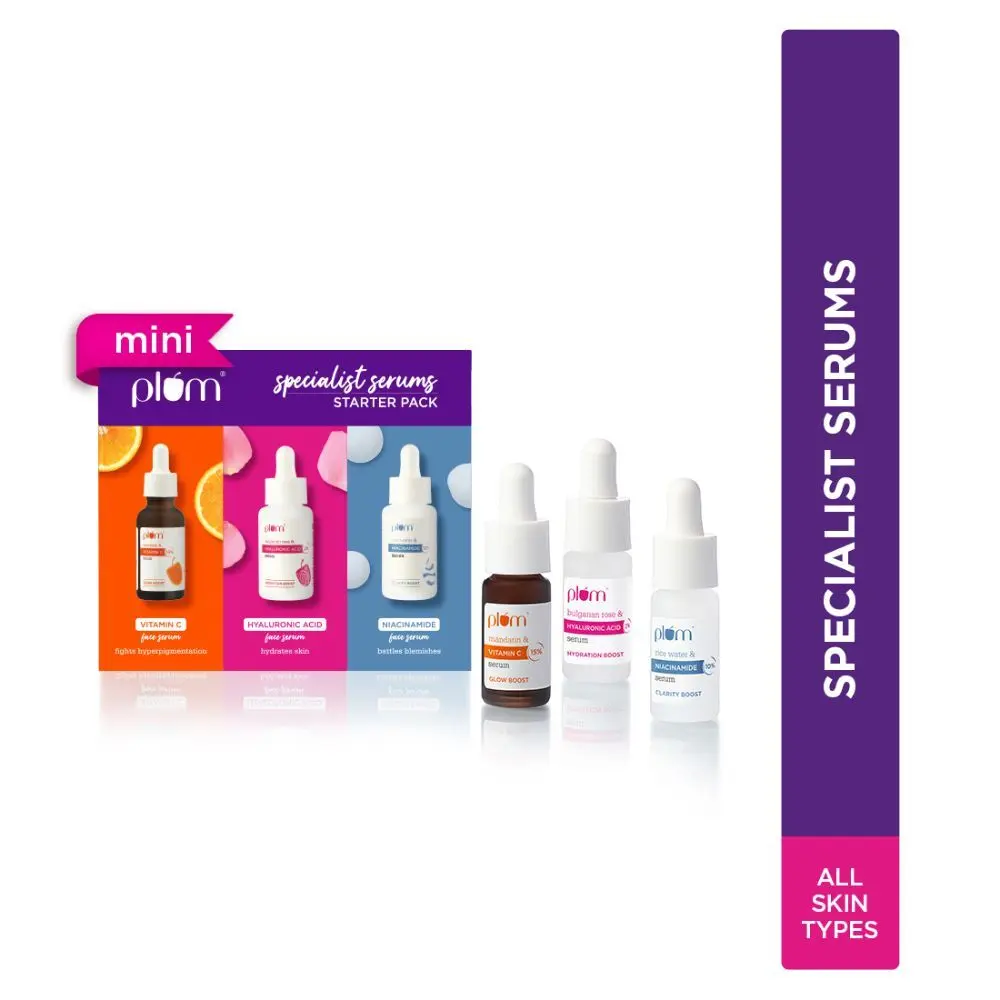 Plum Specialist Serums - Starter Pack I Set of 3 Mini Serums| 3ml Each I Vitamin C, Hyaluronic & Niacinamide I For Glowing, Hydrated, Clear Skin | Beginner-Friendly I All Skin Types | Fragrance- Free | 100% Vegan