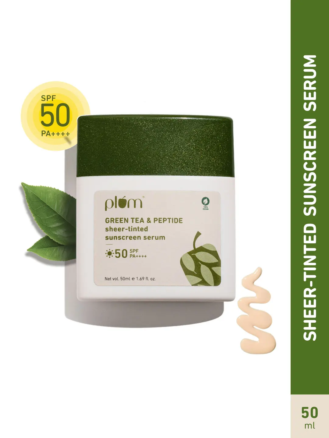 Plum Green Tea & Peptide Sheer-tinted Sunscreen Serum with SPF 50 & PA++++ | Sheer Tint |  | Fights  Wrinkles | UVA & UVB Protection | 100% Vegan | 50ml