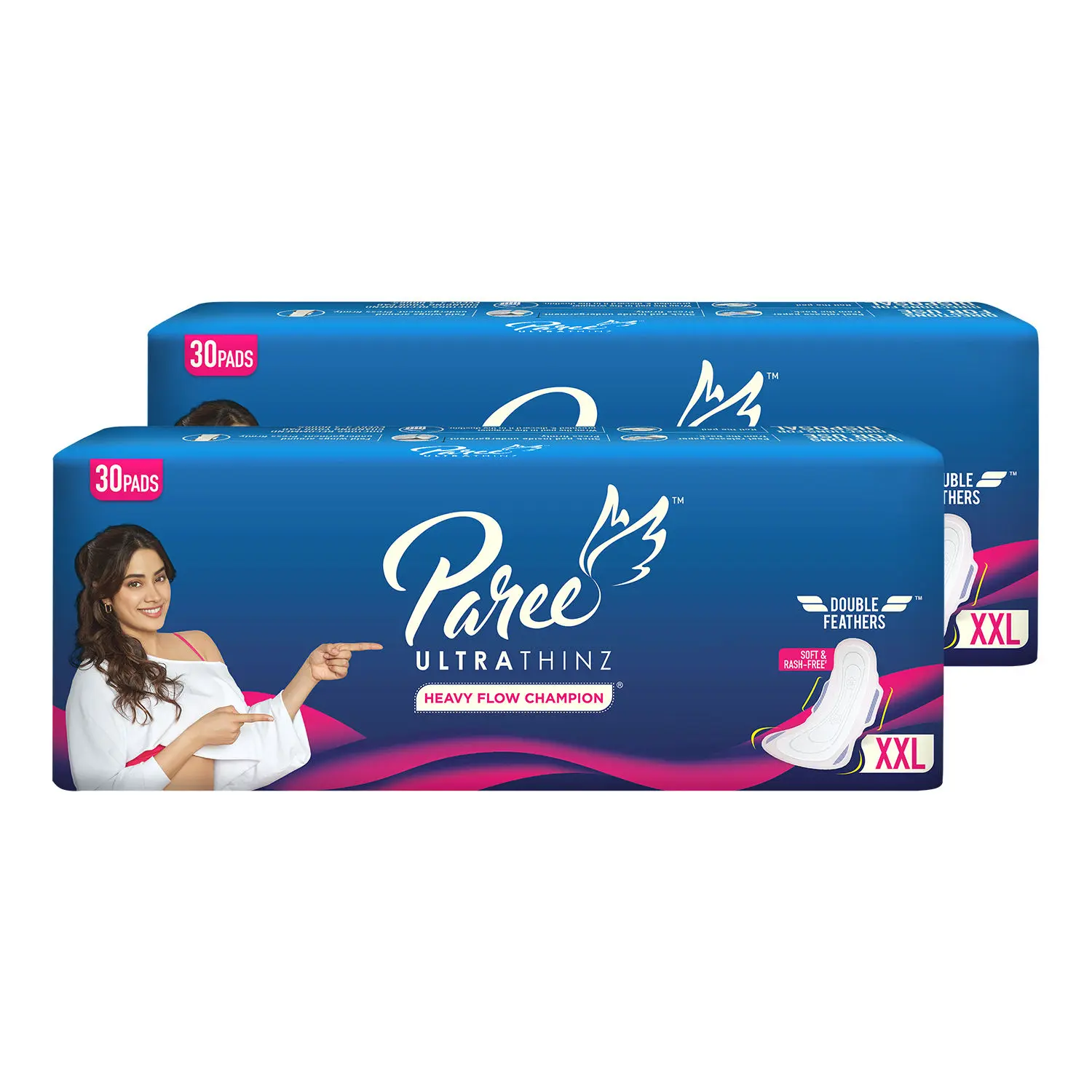 Paree Ultra Thinz Soft & Rash Free Sanitary Pads For Heavy Flow 30 Pads- XXL (Tri-Fold) - (Combo of 2)