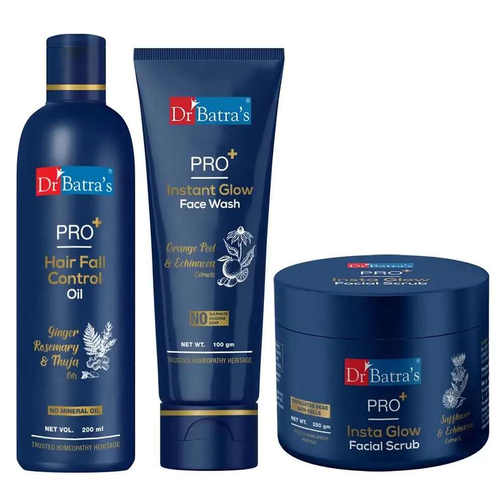 Dr Batra's Pro+ Hair Fall Control Oil, Pro+ Instant Glow Face Wash & Pro+ Insta Glow Facial Scrub Combo,  3 Piece(s)/Pack  Hair & Skin Care