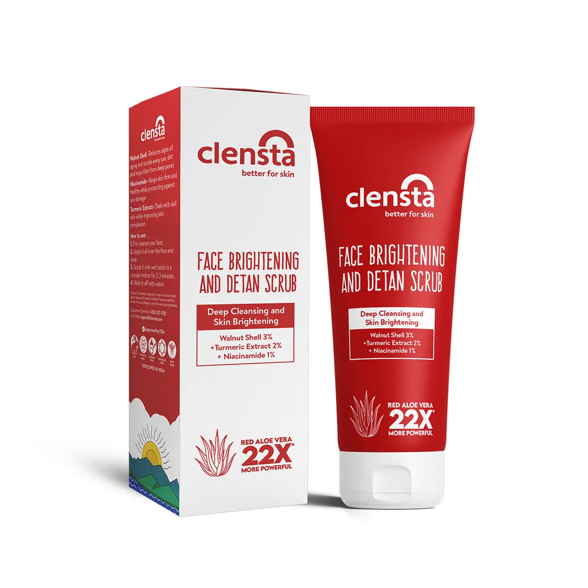 Clensta Face Brightening & Detan Scrub | With 3% Walnut Shell and Red Aloe Vera | Removes Tan and Brighten Skin tone | For All Men & Women