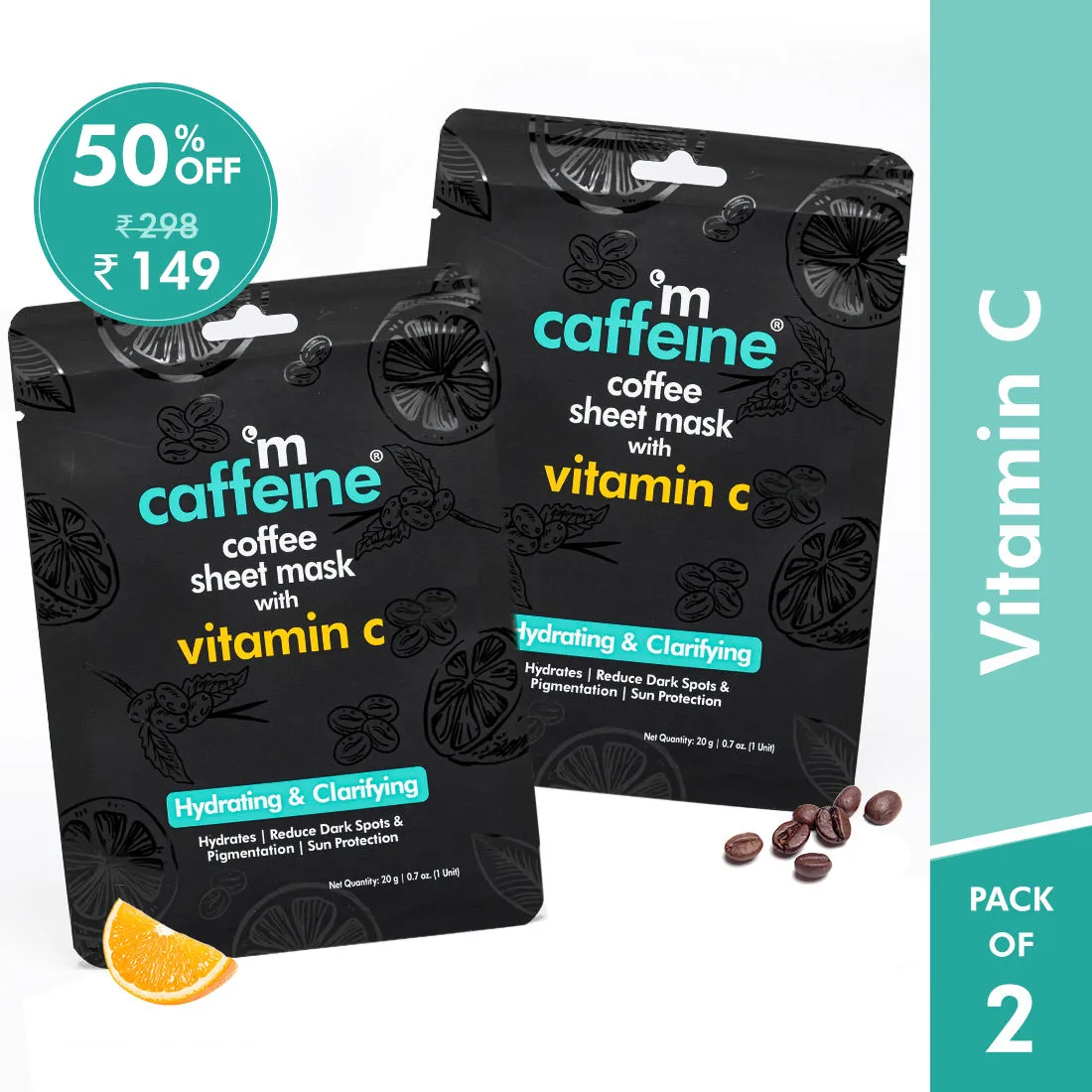 MCaffeine Vitamin C Face Sheet Masks with Coffee for Dark Spot Reduction & Hydration - Pack of 2