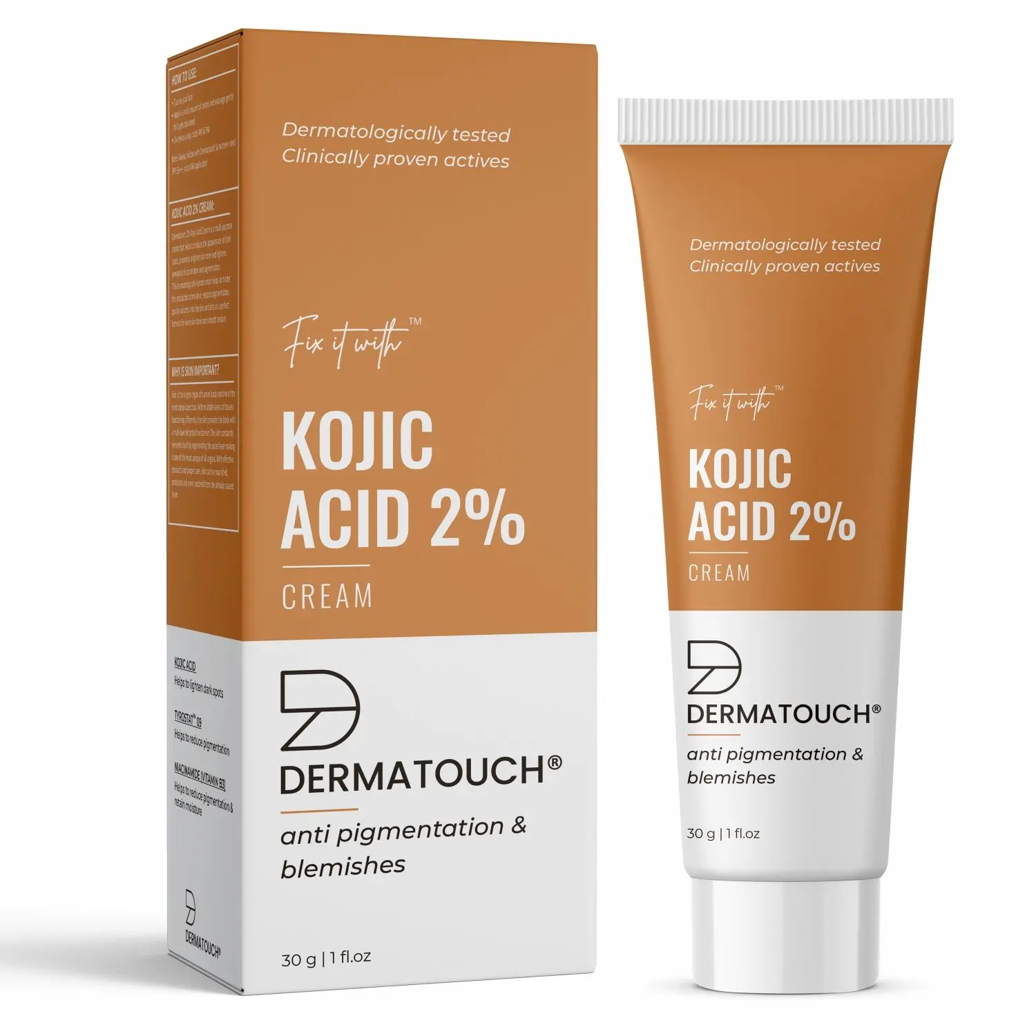 DERMATOUCH Kojic Acid 2% Cream | For Pigmentation, Blemishes and Dark Spots reduction - 30G