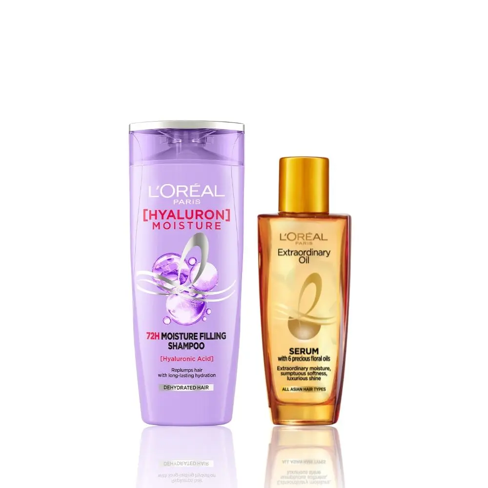 L'Oreal Paris Ultimate Hair Moisture and Shine Duo 1 (Hyaluron Moisture 72H Moisture Shampoo (180 ml), Extraordinary Oil Serum (30 ml))