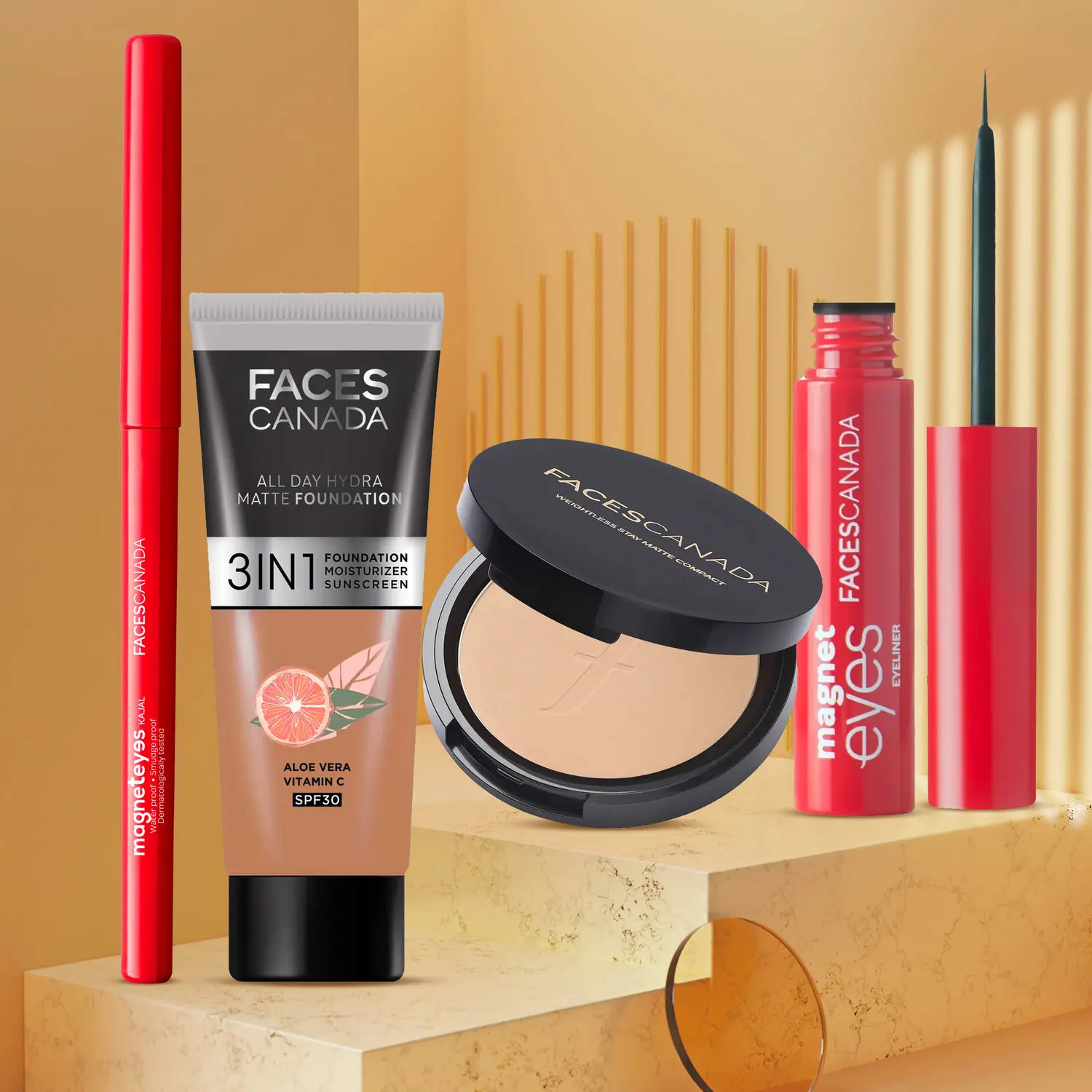 Faces Canada Essentials Kit for Deep Skin | All Day Hydra Matte Foundation Warm Sand + Weightless Stay Matte Compact Sand + Magnet Eyes Kajal +Magnet Eyes Eye Liner | Combo