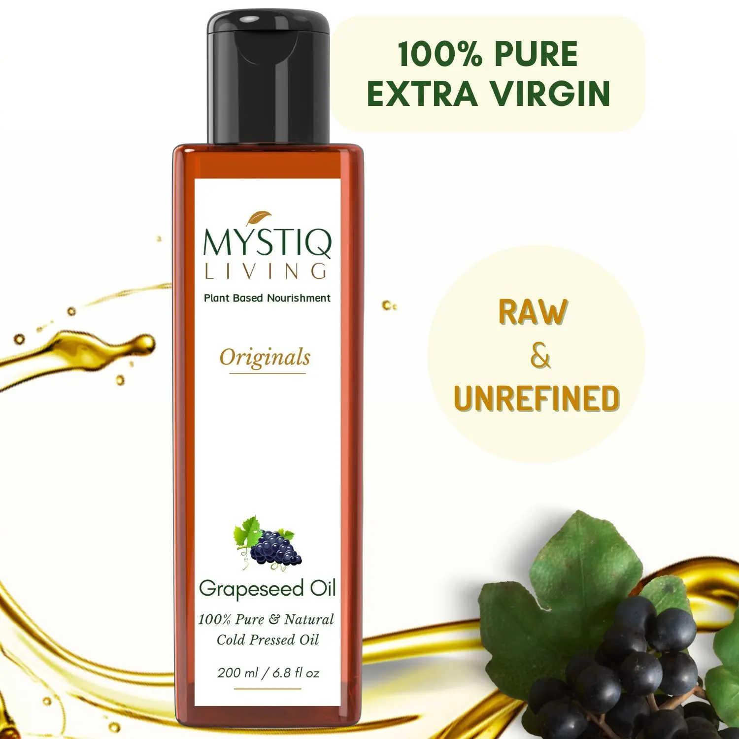 Mystiq Living Originals - Grapeseed Oil For Skin | Cold Pressed |For Face, Skin & Hair l 100% Pure and Natural - 200 ML