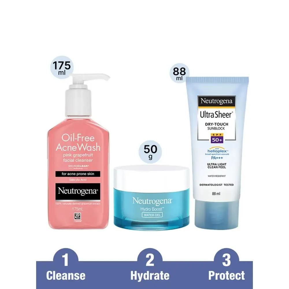 Neutrogena Oil Free Acne Wash Grapefruit Cleanser - 175 ml & Neutrogena Ultra Sheer Sunscreen SPF 50 - 88 ml & Neutrogena Hydro Boost Water Gel Blue - 50 gm