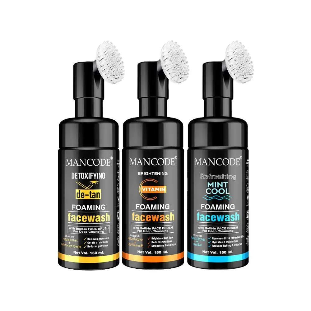 Mancode Detoxifying De Tan , Vitamin C & Mint Cool Foaming Facewash (With Bult-in Brush),150ml Each (pack of 3)