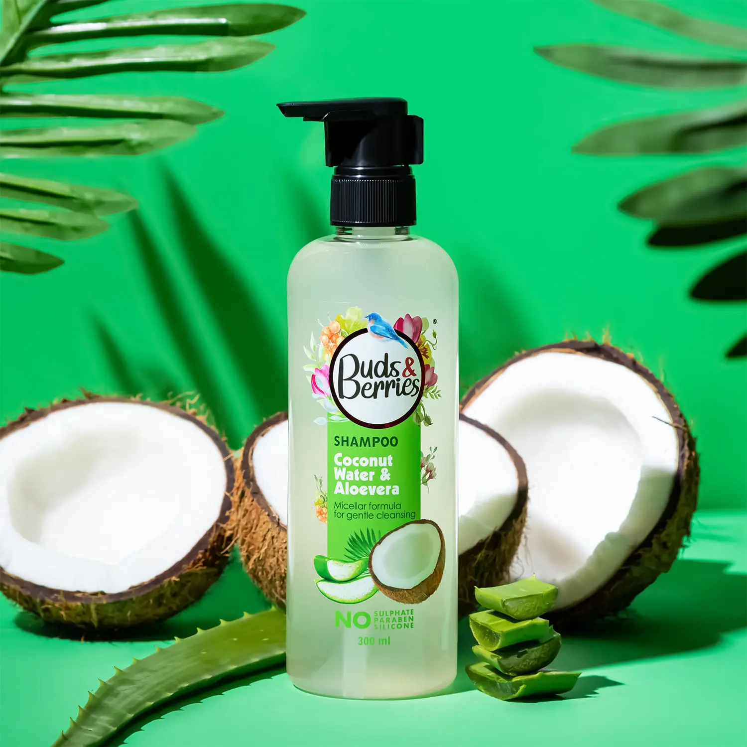 Buds & Berries Coconut Water and Aloe Vera Shampoo with Micellar Formula for Gentle Cleansing | No Sulphate, No Paraben, No Silicone - 300 ml