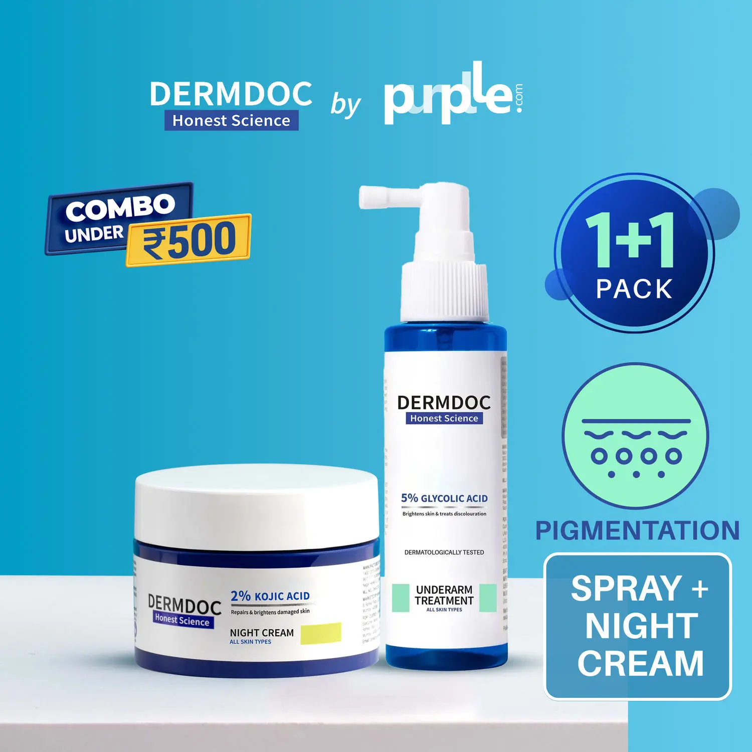 DERMDOC Combo Kit to Brighten Up | kojic acid night cream | glycolic acid underarm spray | treatment for dark underarms, dark patches | hyperpigmentation | dark spots | skin brightening cream