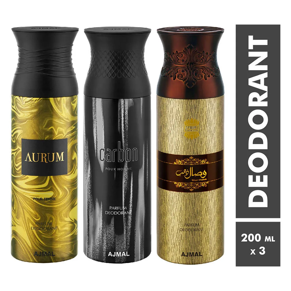 Ajmal Aurum, Carbon & Wisal Dhahab Parfum Deodorant For Men and Women - Pack Of 3