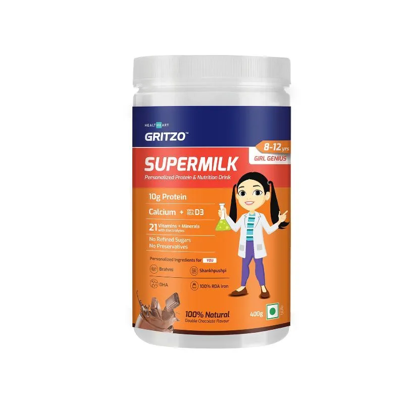 Gritzo Supermilk Genius+ For 8-12 Yr Girls Protein & Nutrition Drink, Natural Double Chocolate