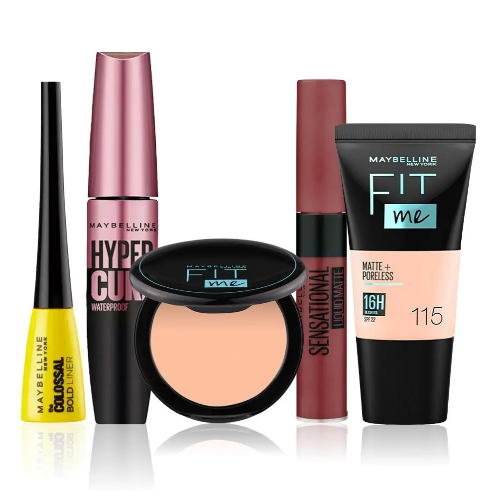 Maybelline NewYork Party Diva Essentials 4 | Fit Me Compact 115(6 g) | Fit Me Liquid Foundation Tube 115(18 ml) | Hypercurl Mascara Waterproof Very Black (9.2 g) | Colossal Bold Eyeliner Black(3g) |Sensational Liquid Lipstick 21 Nude Nuance (7 ml)