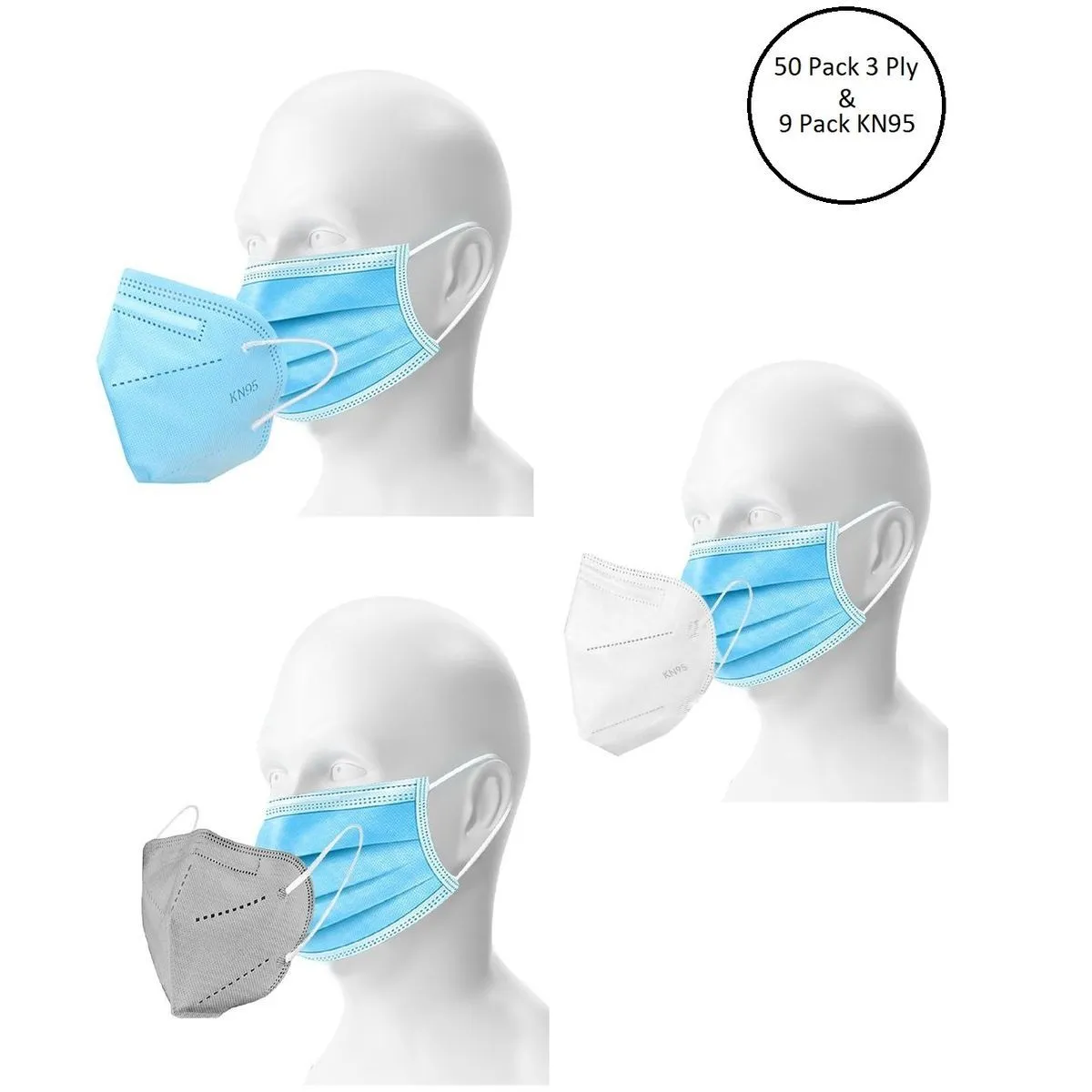 Fabula Unisex Double Mask Set Of 50 Disposable & 9 KN95 / N95 Masks (Blue, Grey, White )