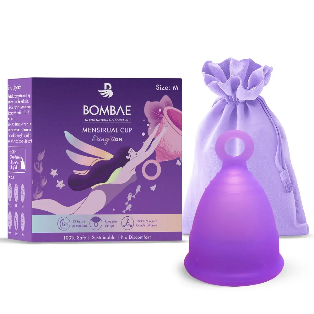 Bombae reusable menstrual cup with ring stem for women | ultra soft, medium size with pouch 200 gm