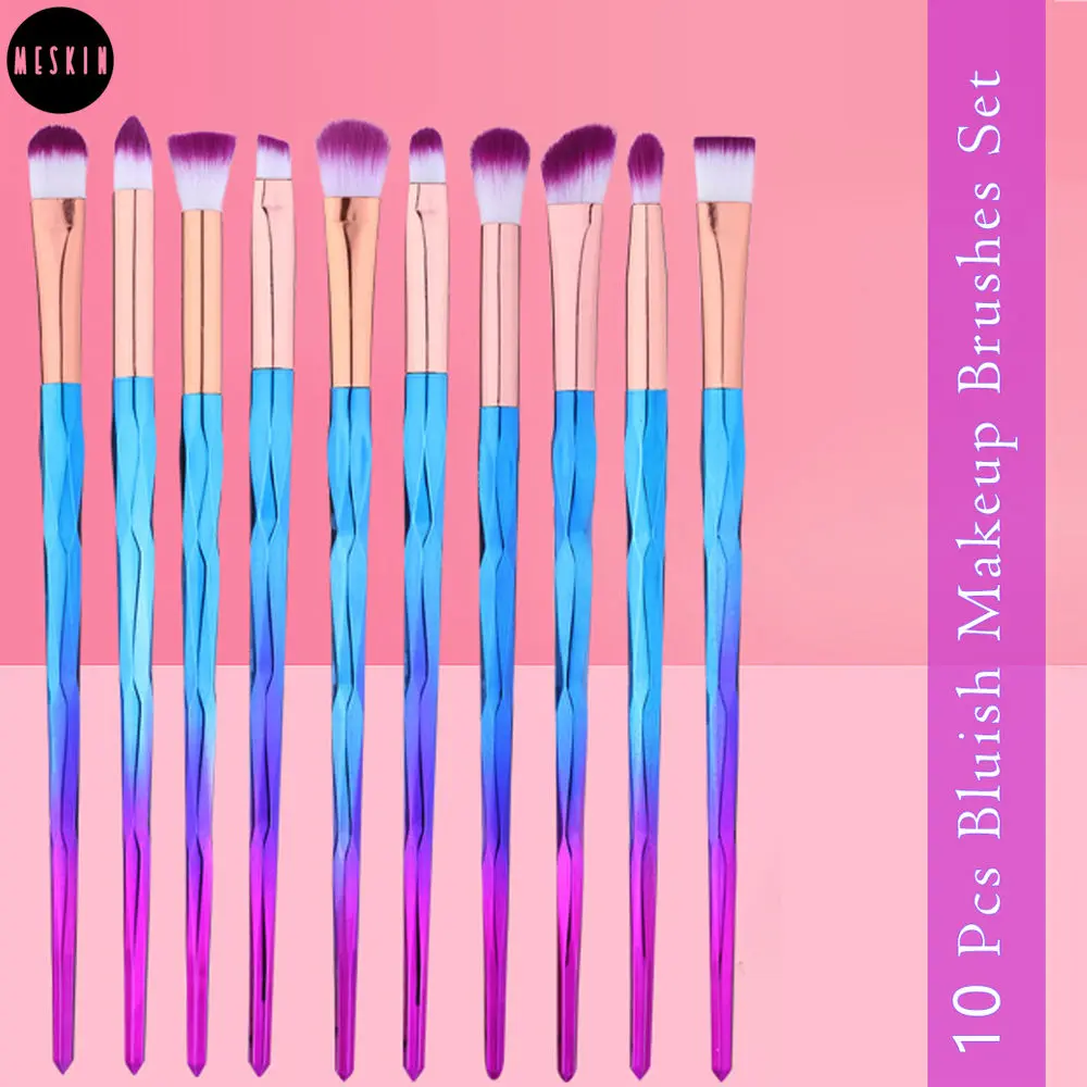 MeSkin 10 Pcs Bluish Makeup Brushes Set for Womens & Girls - Pack of 10 (Assorted Colors)