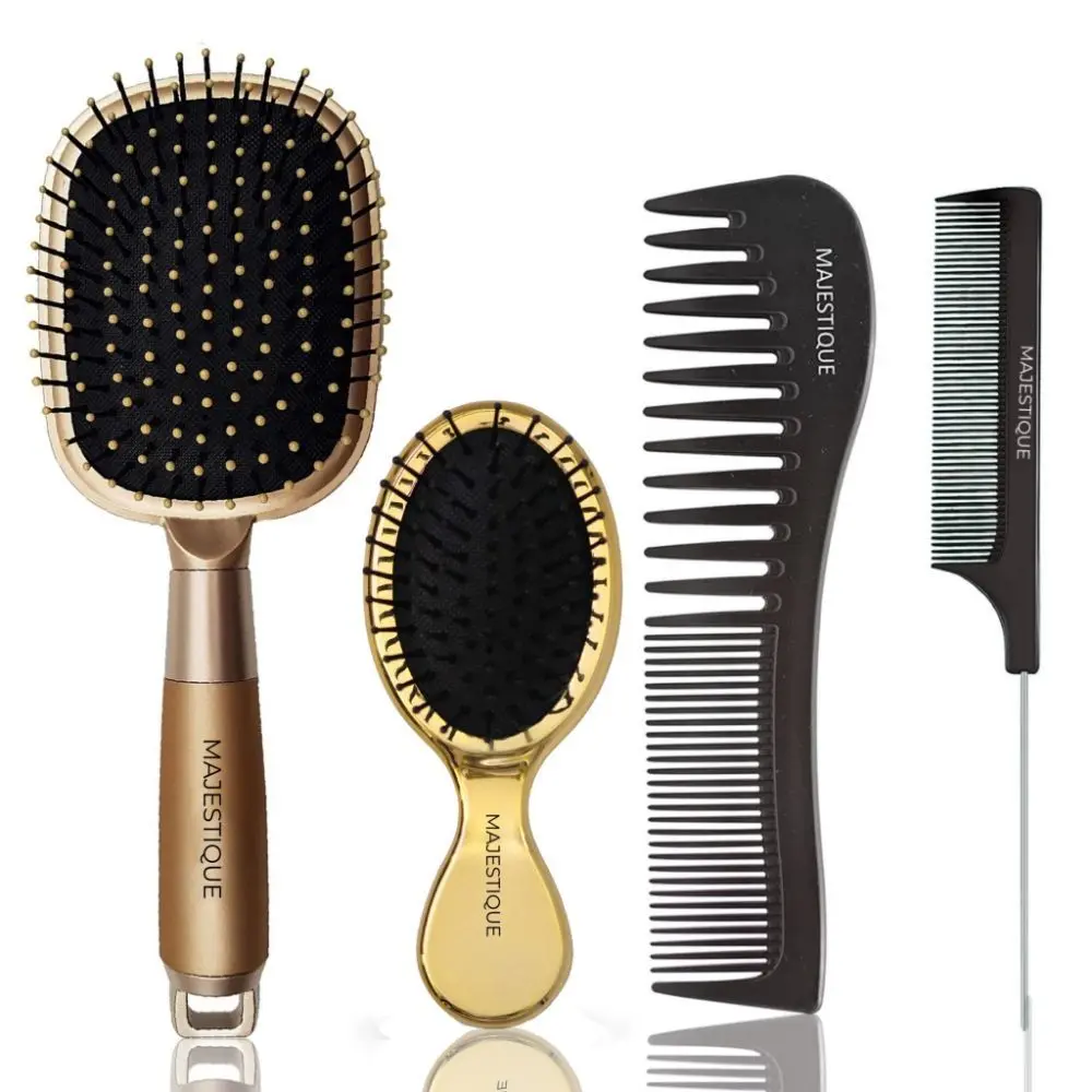 Majestique 4Pcs Hair Brush Set - Paddle Brush, Wide-tooth and tail comb suit for Women Men