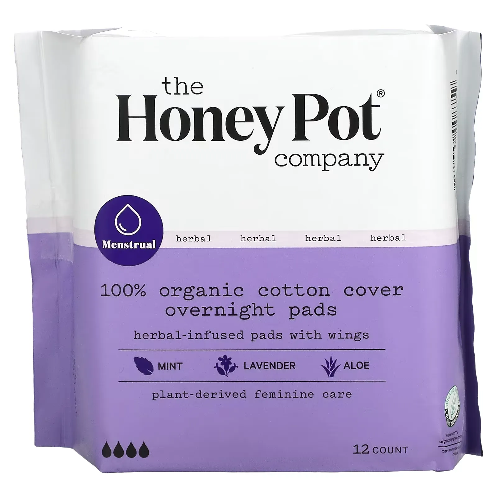 Organic Herbal-Infused Pads with Wings, Overnight, 12 Count