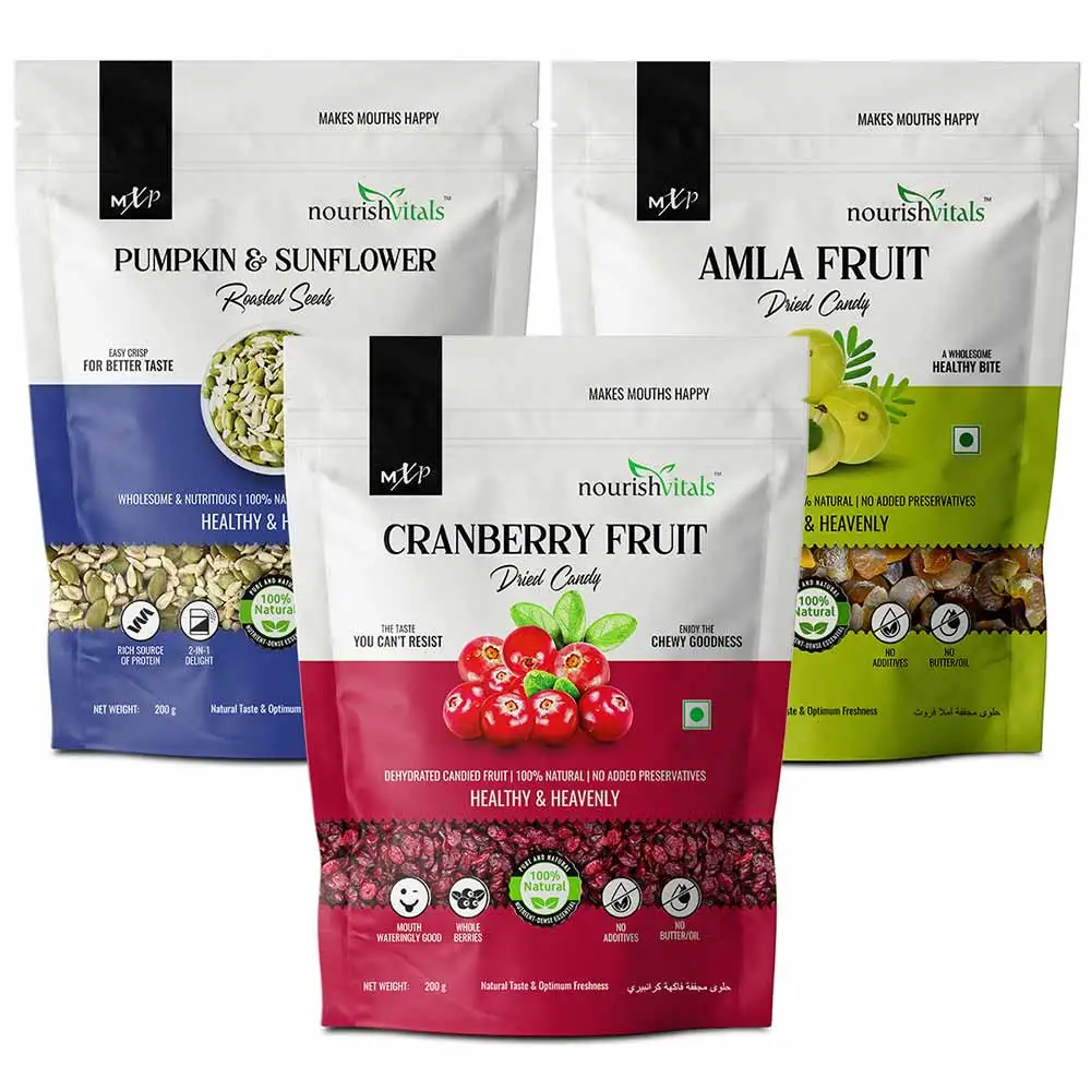 NourishVitals Healthy Munching Combo,  Pumpkin, Sunflower & Flax Roasted Seeds + Amla + Cranberry Dried Candy  3 Piece(s)/Pack