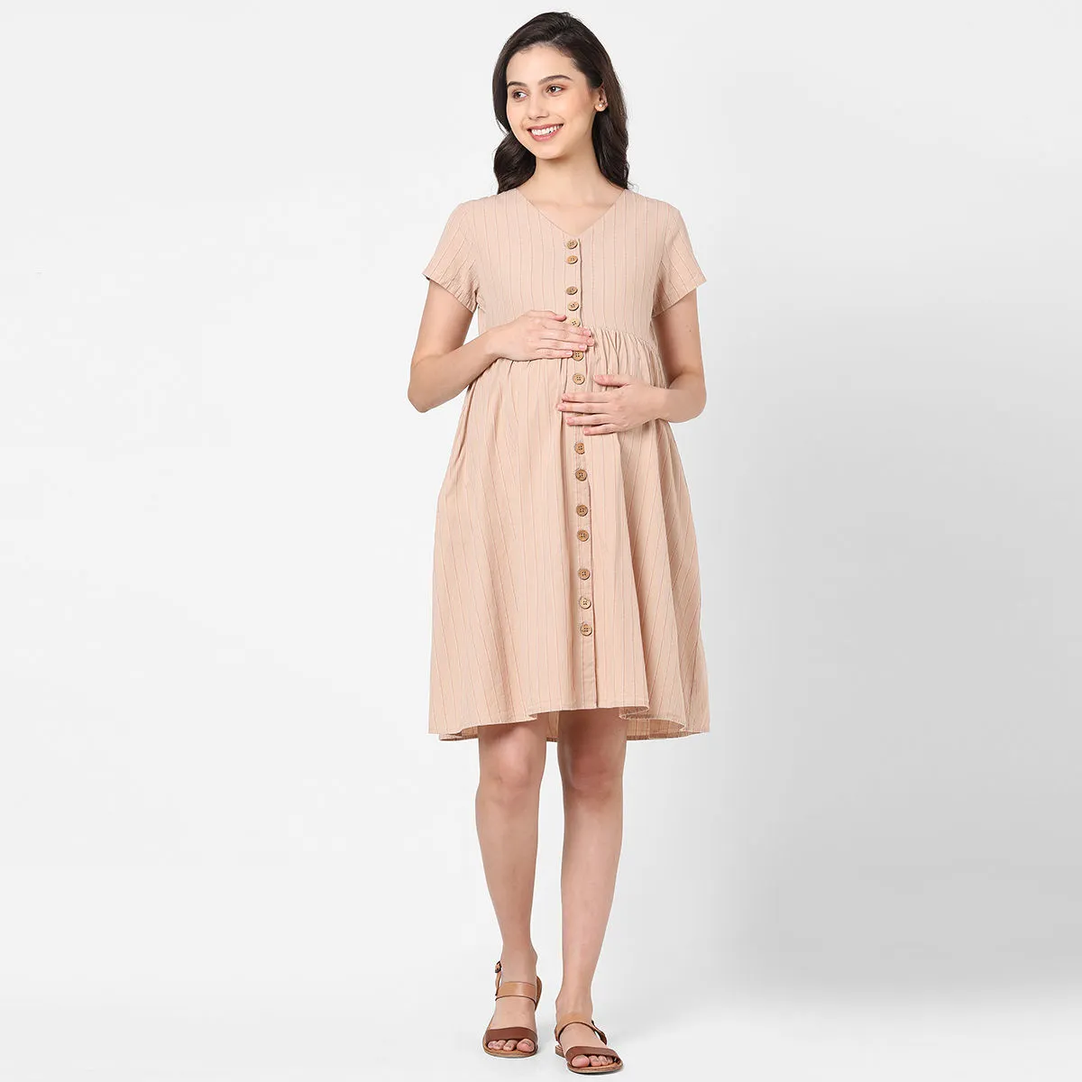 Mystere Paris Striped Maternity Dress - Beige (2XL)