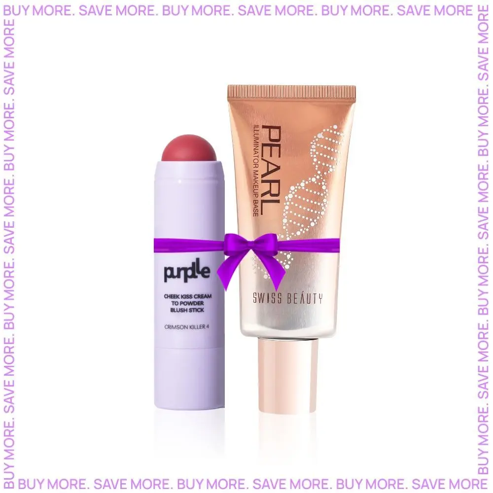 Swiss Beauty Pearl Illuminator Makeup Base - Golden-Pink (35 g) + Purplle Cheek Kiss Cream to Powder Blush Stick Crimson Killer 4