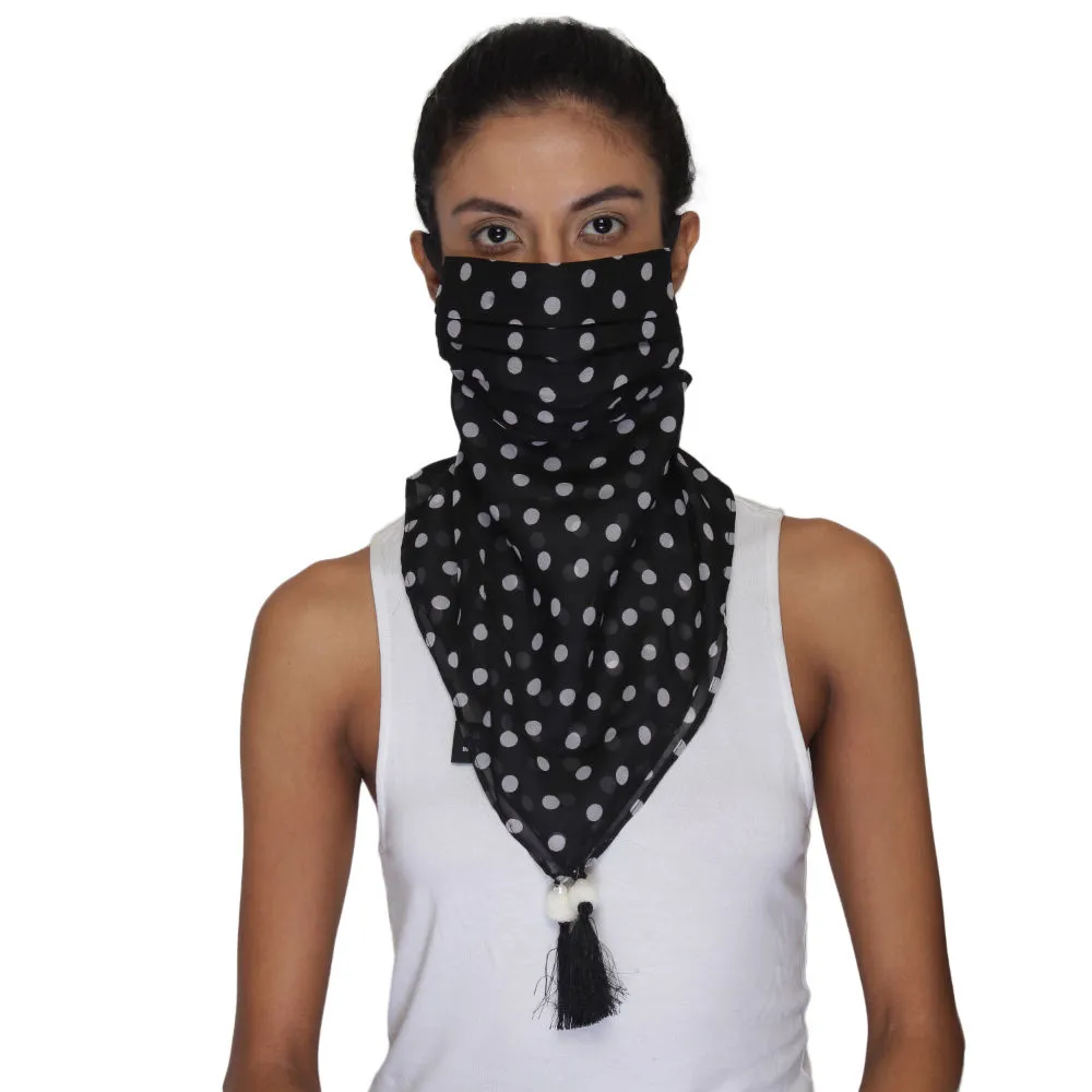 Anekaant 3-Ply Reusable Black & White Polyester Polka Doted Tasselled Scarf Style Fashion Mask