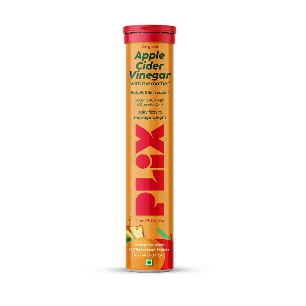 PLIX World's First Apple Cider Vinegar 15 Effervescent Tablets, Pack of 1 (Orange Squeeze) with vitamin B12 | 100% vegan | No added Sugar | Easy to consume| Gluten Free