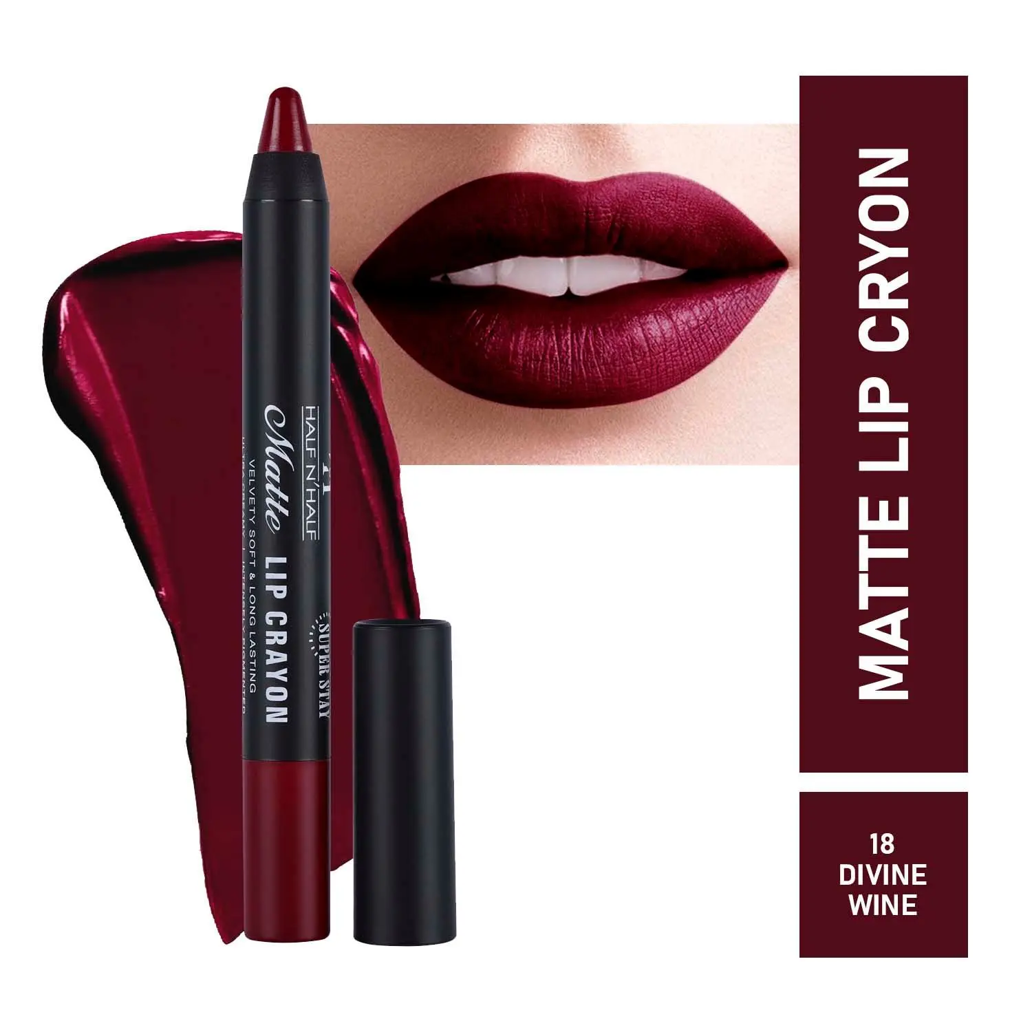 Half N Half Matte Lip Crayon Velvet Soft & Long Lasting, 24h Super Stay, 18 Divine Wine (3.5gm)