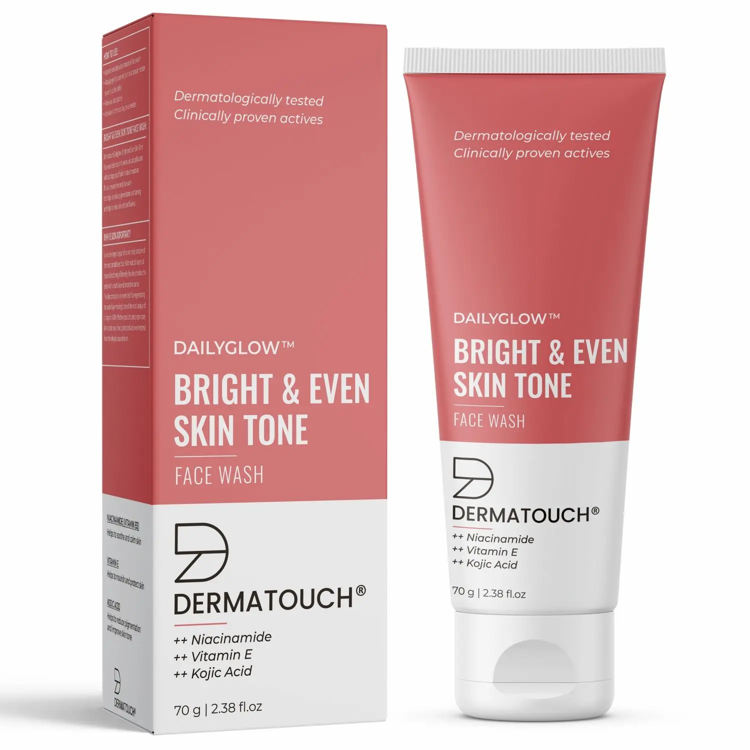 DERMATOUCH Bright & Even Tone Face Wash with Niacinamide, Vitamin E and Kojic Acid | Reduce blemishes , dark sport and balance skin tone  - 70G