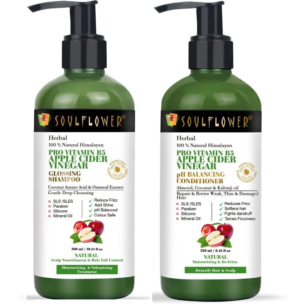 Soulflower Apple Cider Vinegar, Pro-Vitamin B5 Shampoo 300ml & Conditioner 250ml