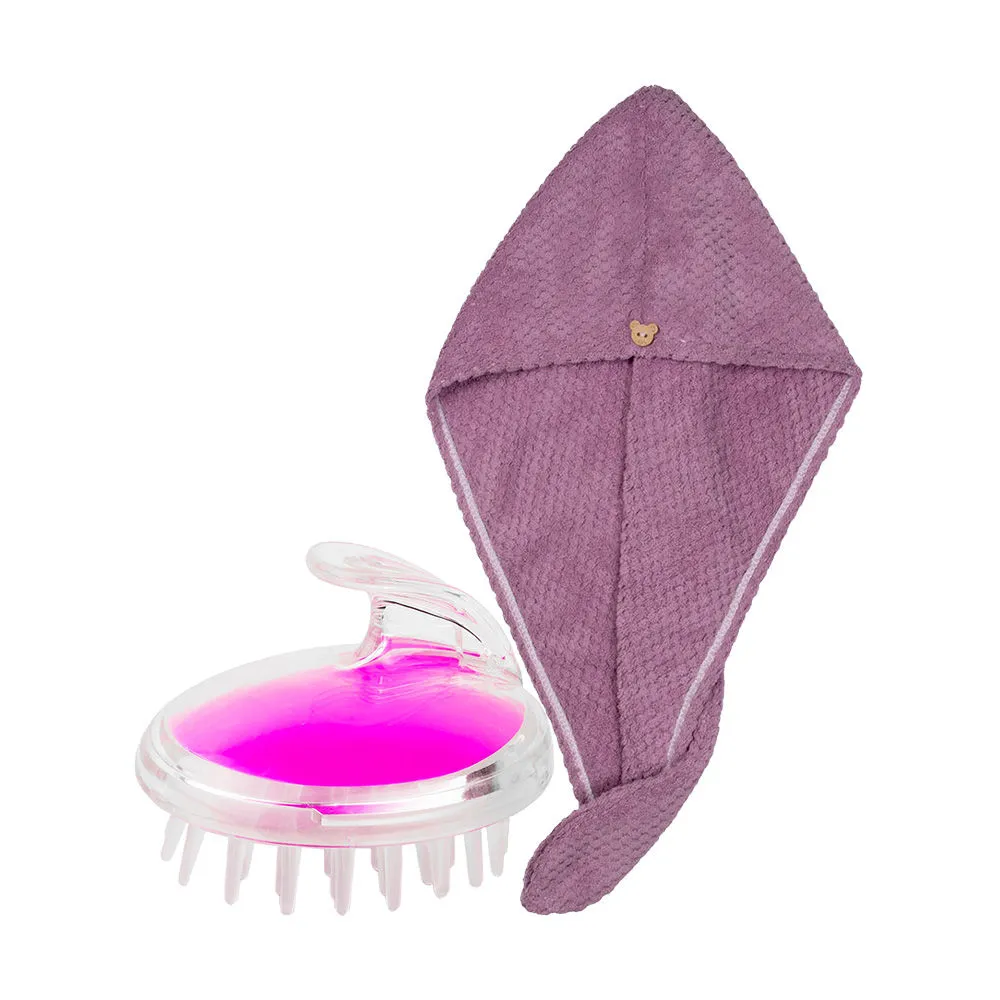 Streak Street Microfiber Hair Towel Periwinkle Purple + Fuschia Fun Pink Massager And Shampoo Brush