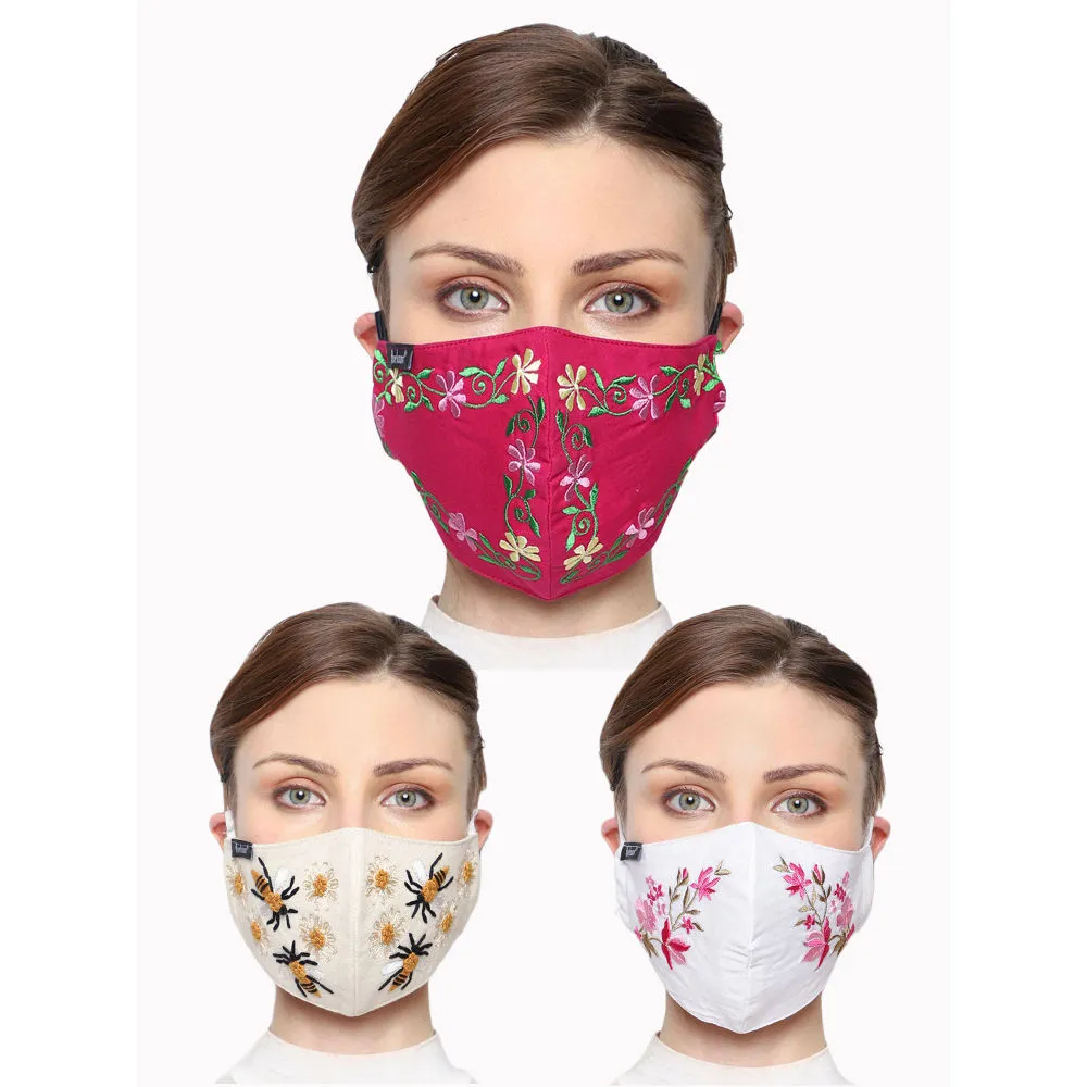 Anekaant Pack Of 3 Multicolor 3-Ply Reusable Embroidered Cotton Fabric Fashion Mask