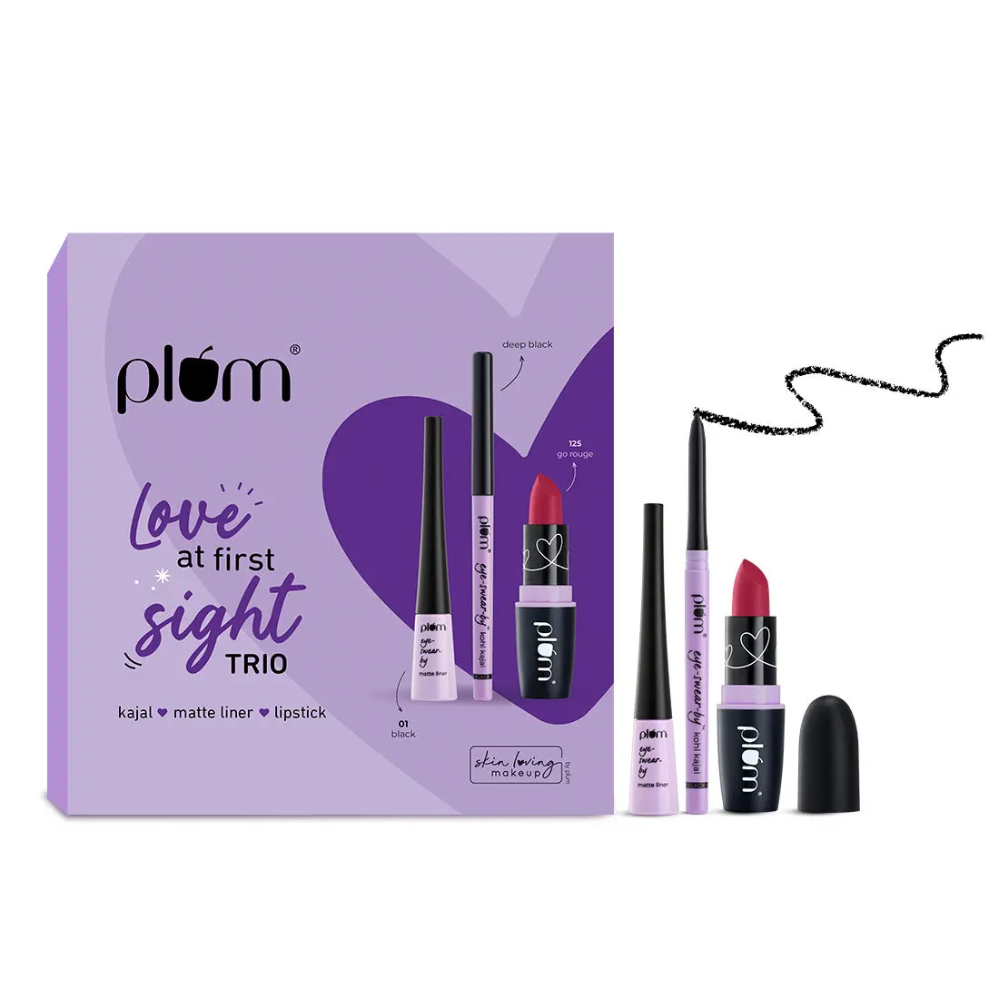 Plum Love At First Sight Trio | Eye-Swear-By Kohl Kajal - Deep Black + Eye-Swear-By Matte Liner – 01 Black + Matterrific Lipstick – 125 Go Rouge | 100% Vegan & Cruelty Free