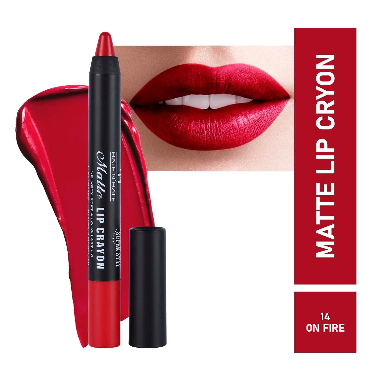 Half N Half Matte Lip Crayon Velvet Soft & Long Lasting, 24h Super Stay, 14 On Fire (3.5gm)