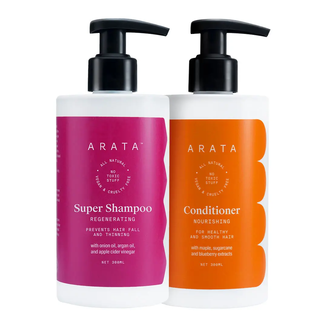 Arata Hair Fall Control Combo with Onion Oil, Argan Oil & Bhringraj || Power of 5 in 1 Super Shampoo (300 Ml) and Conditioner || All-Natural, Vegan & Cruelty-Free