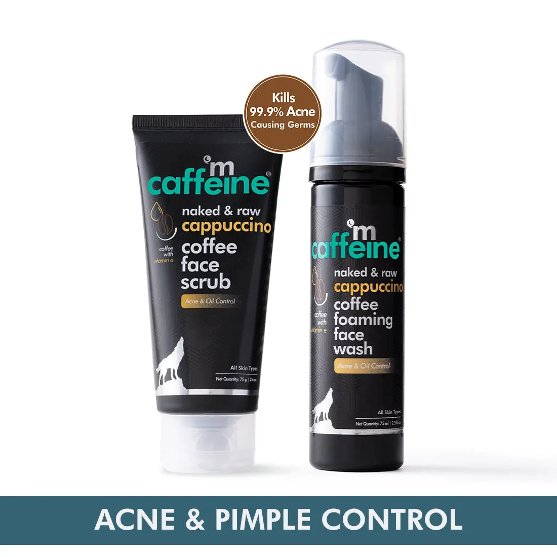 mCaffeine Acne and Pimples Controlling Face Wash & Face Scrub Combo | Cappuccino Coffee Facial Kit Pack of 2 (150ml) | Kills 99.9% Acne Causing Germs 150 ml