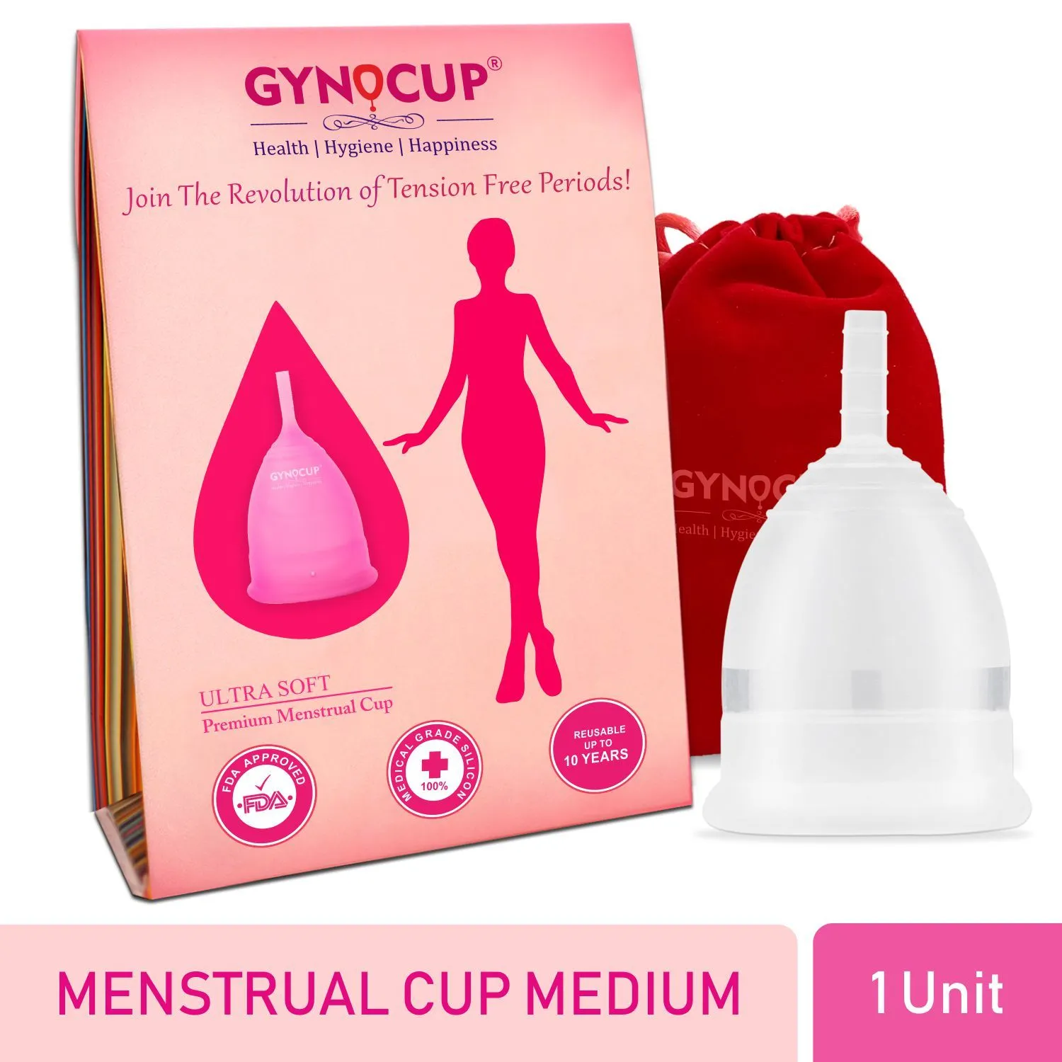 GynoCup Premium Menstrual Cup For Women, Fda Approved Transparent Medium Size