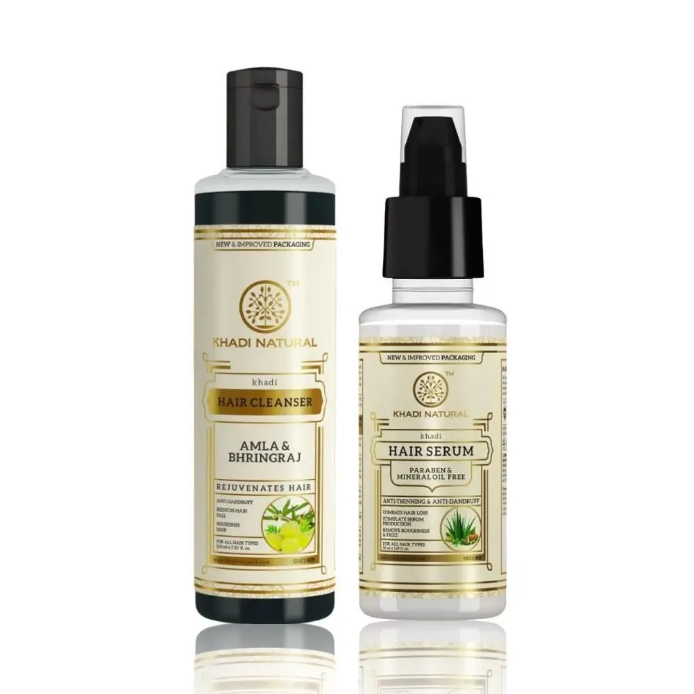 Khadi Natural Anit-Hair Fall Routine Combo (Amla & Bhringraj Hair Cleanser 210ml | Herbal Serum 50ml)