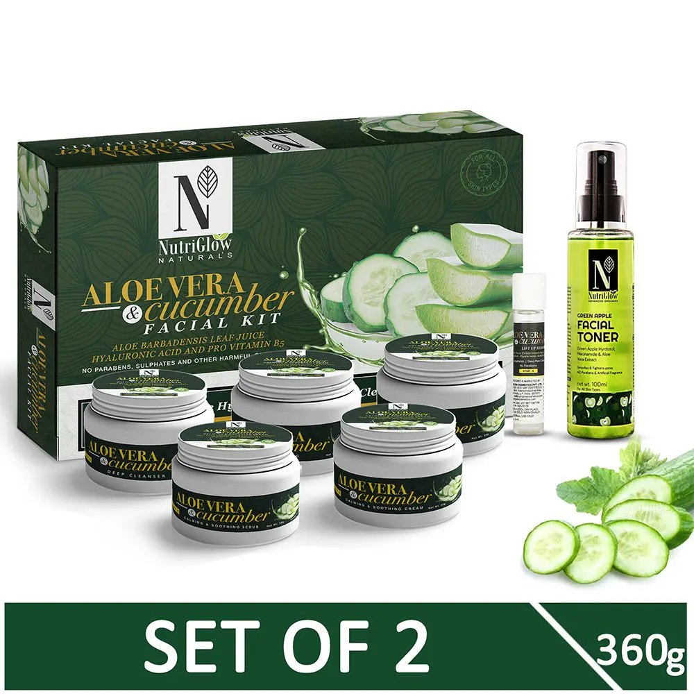 NutriGlow NATURAL'S Aloe Vera & Cucumber Facial Kit (260 gm) & ADVANCED ORGANICS Green Apple Toner (100 ml) For Detoxifies Skin