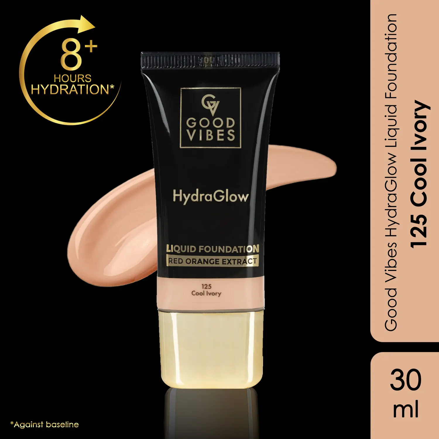 Good Vibes HydraGlow Liquid Foundation with Red Orange Extract - 125 Cool Ivory | 8+ Hours Hydration | Natural to Buildable Coverage | Lightweight Comfort | Silky Smooth Finish (30ml)