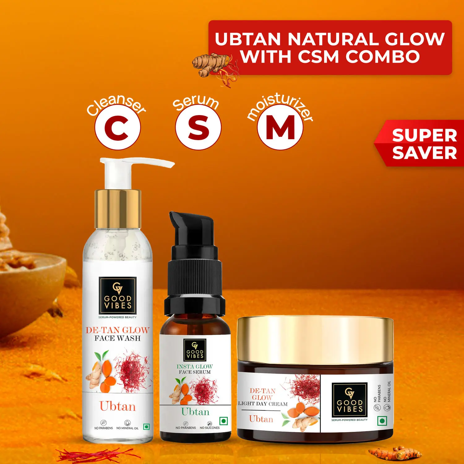 Good Vibes De- tan Ubtan CSM Glow Combo (Set of 3) (Facewash + Serum + Moisturizer)