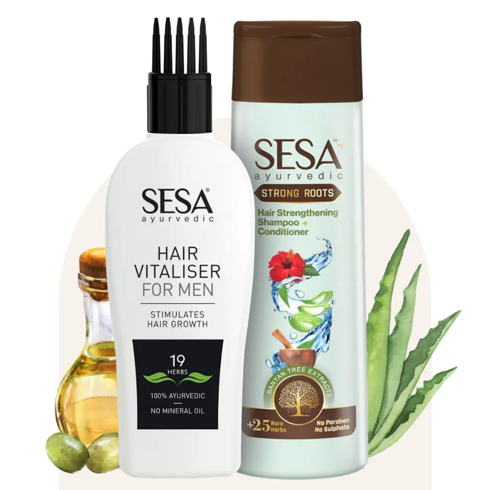 Sesa Ayurvedic Hair Vitaliser Combo for Men | Hair Vitaliser - 100ml + Strong Roots Shampoo + Conditioner - 200ml