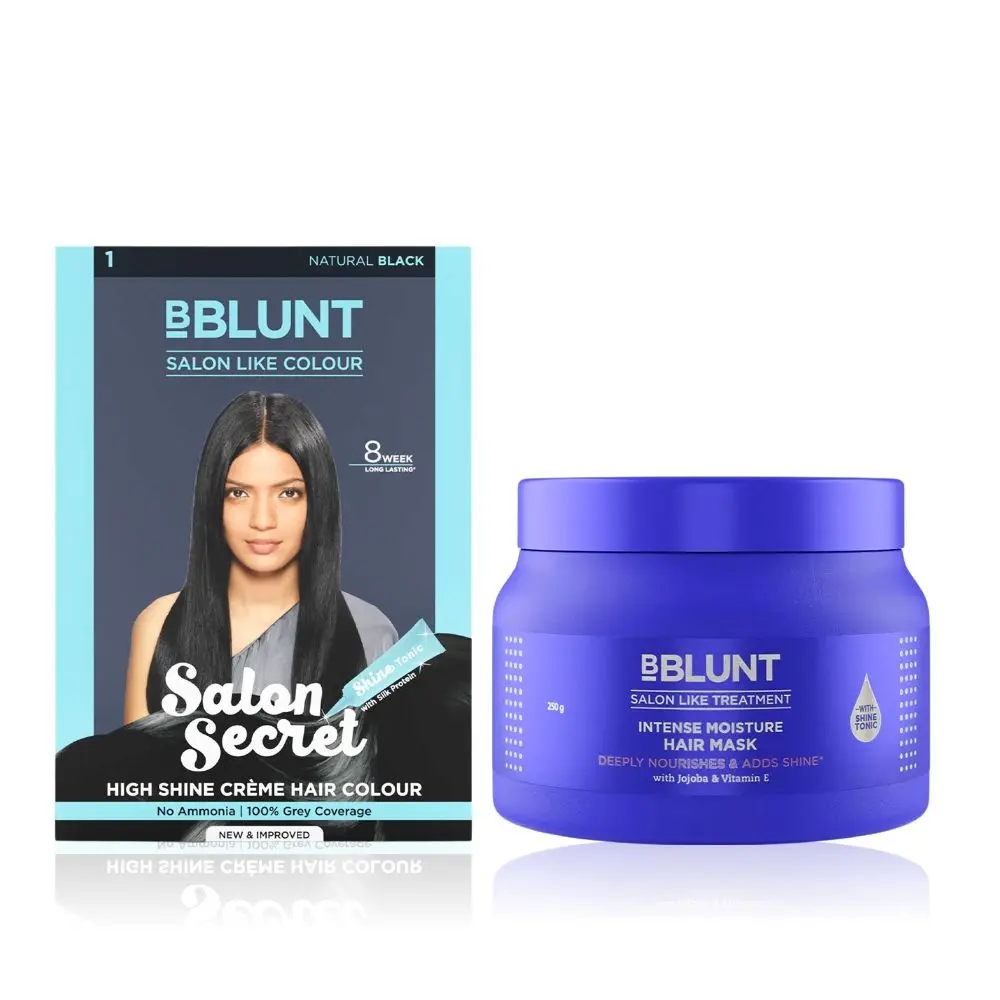 BBlunt Salon Secret High Shine Creme Hair Colour - Natural Black (152 ml) + Intense Moisture Hair Mask with Jojoba Oil & Vitamin E for Nourished & Shiny Hair - 250 g