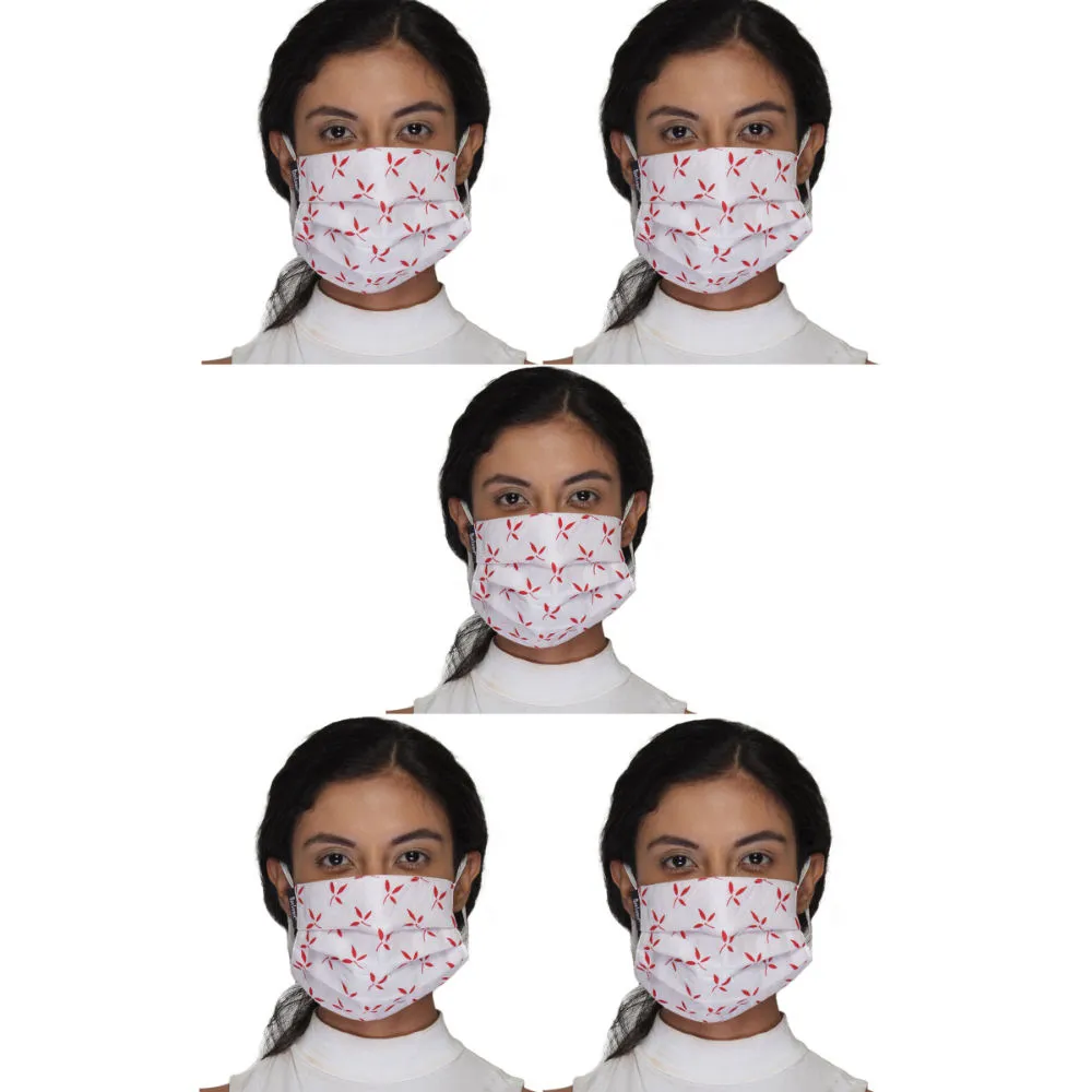 Anekaant Pack Of 5 White & Red 3-Ply Reusable Printed Cotton Fabric Fashion Mask