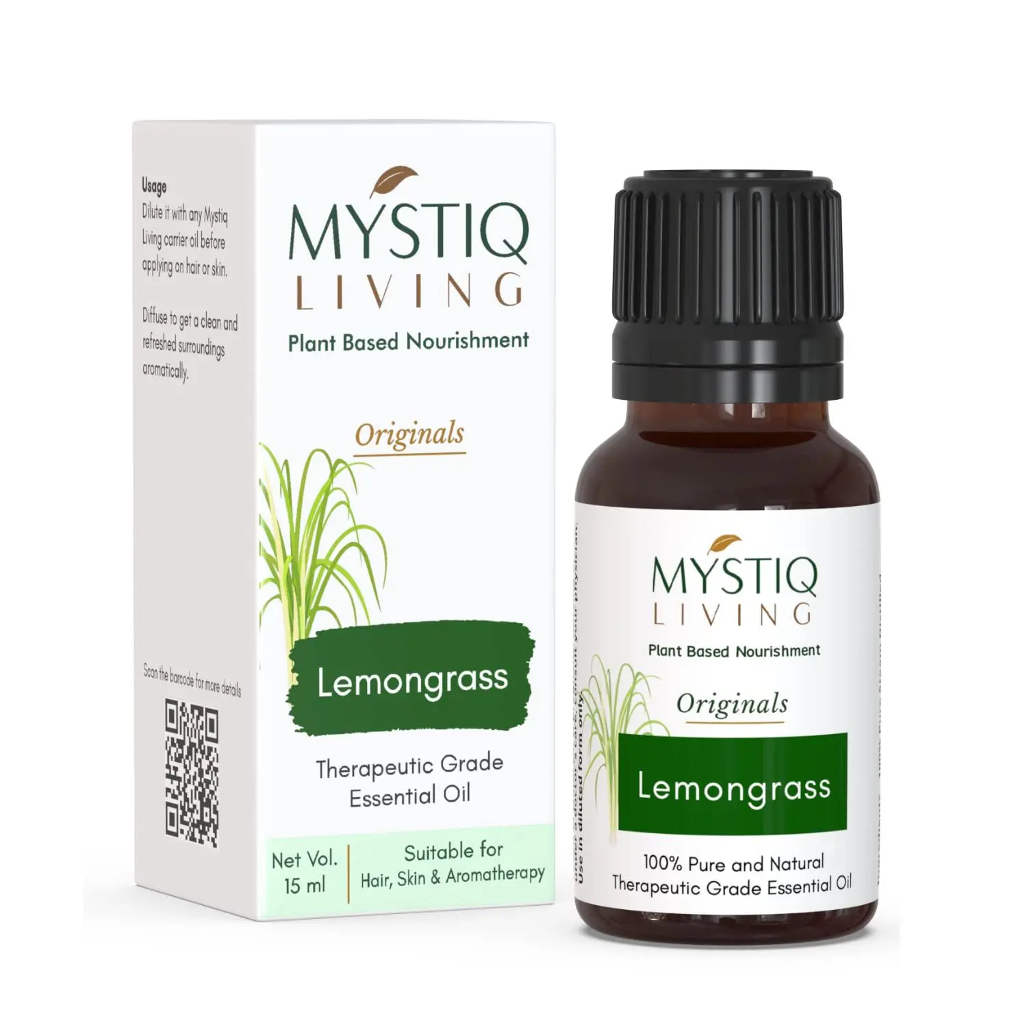 Mystiq Living Originals - Lemongrass Essential Oil 100% Pure, Natural, Undiluted & Therapeutic Grade for Face, Nails, Hair, Skin, Natural Mosquito Repellent- 15ml